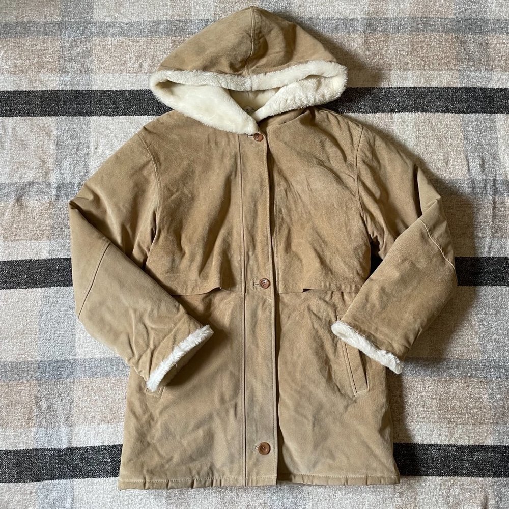 J. Percy for Marvin Richards Tan Leather Fur Lined Drawstring Hooded Coat